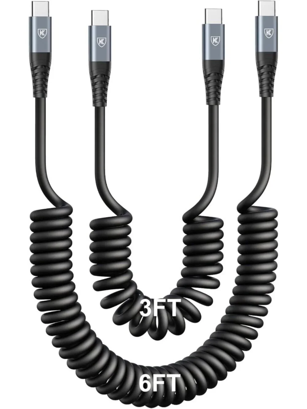 Coiled USB C to USB C Charger Cable 3FT & 6FT - 2 Pack for Car & Home Use